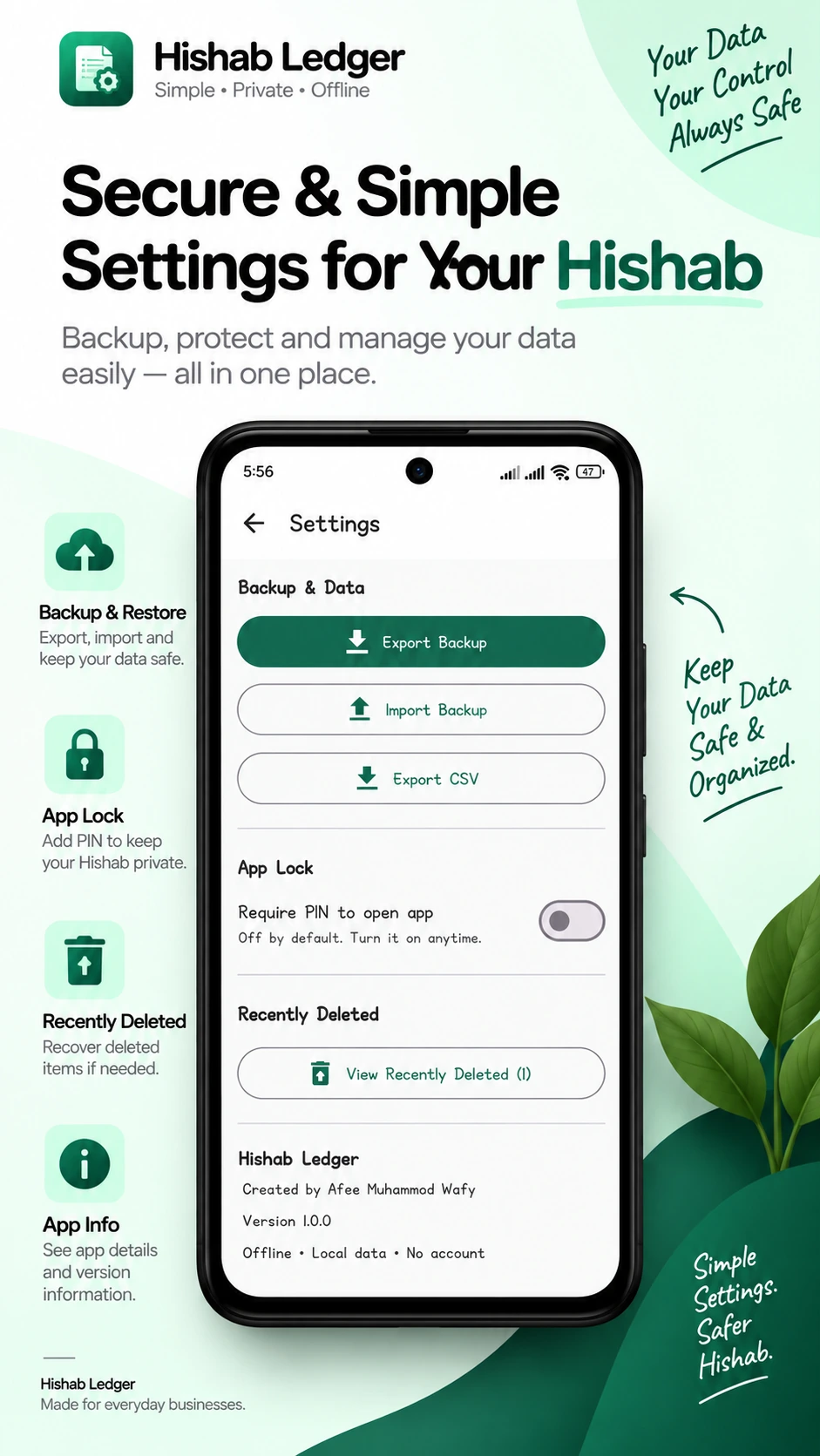 Hishab Ledger Settings screen with backup, app lock and recently deleted options